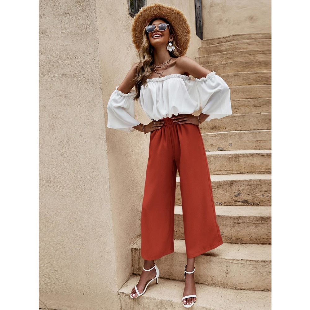 2 piece set: boho Off The Shoulder Frill Trim crop Top & wide leg pants blue - Picture 11 of 11